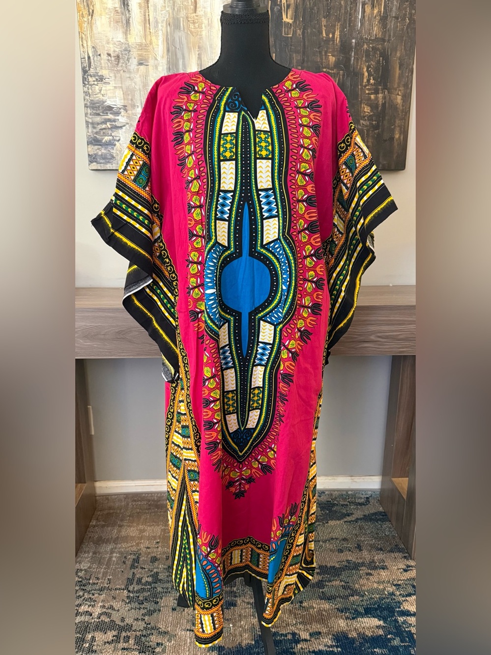 Vtg Flashback & Freedom Pink Dashiki Dress Kaftan Handkerchief Sleeve Hippie M